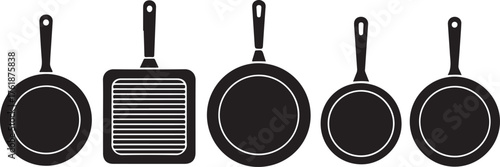Collection of Black Frying Pans and Grill Pan Isolated on White Background for Kitchenware and Cooking Concepts