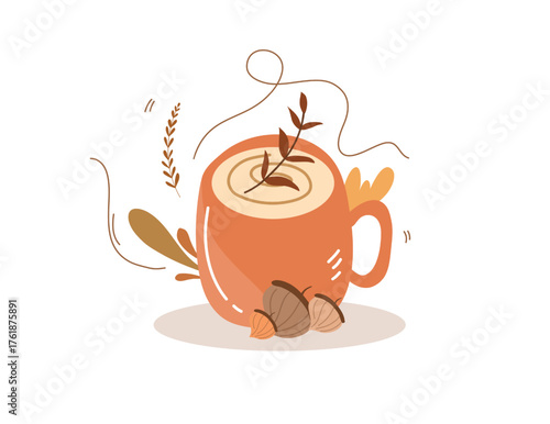 Cozy autumn mug with acorns and leaves