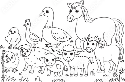 Cute Farm Animals Illustration with Horse Cow Sheep Pig Duck Chicken Goose Coloring Page for Kids and Education