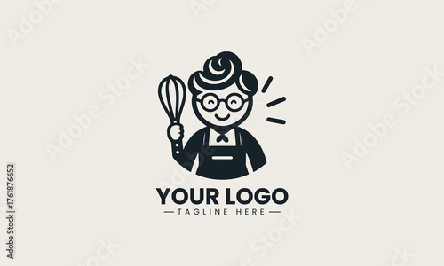 Warm and friendly grandma character holding bread and rolling pin vector bakery logo illustration design 