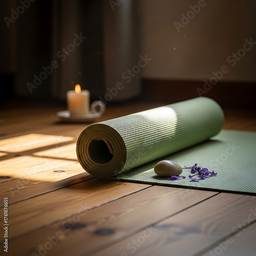 Yoga mat and candle light in studio for meditation and relaxation wellness and mindfulness practice