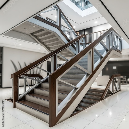 Modern staircase design architectural interior with wood and metal railing in building lobby area