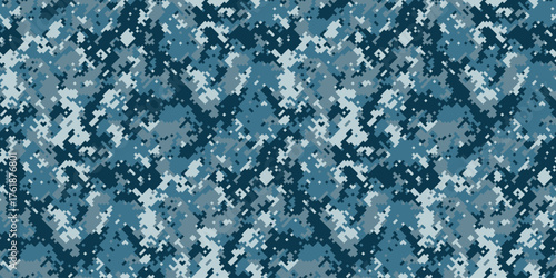 Seamless digital camouflage pattern in cool blue tones.  Ideal for backgrounds, textiles, or militarythemed designs.  The abstract texture offers a sense of mystery and concealment.