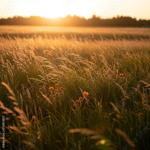 Golden hour field landscape with grass and flowers nature photography scenic meadow at sunset countryside view