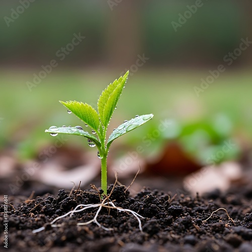 Young plant growing in soil with water drops macro shot for new life and growth concept image use