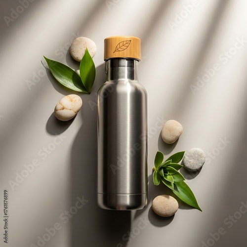 Stainless steel water bottle with bamboo lid eco friendly reusable container product photography