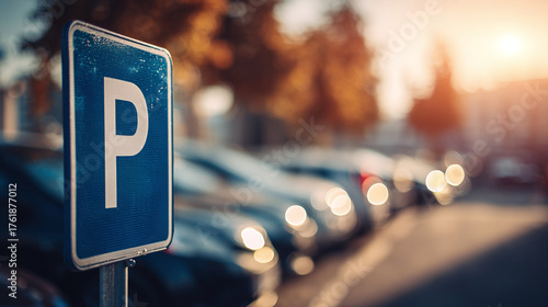 Blue and White Parking Sign in a Crowded City Parking Lot at Sunset, Indicating Available Parking for Drivers and City Visitors.