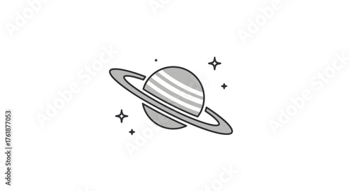 Stylized Saturn Icon with Rings and Stars Minimalist Design.