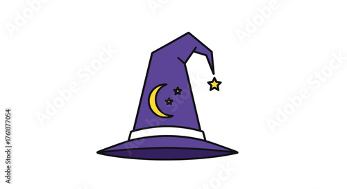 A whimsical purple wizard hat adorned with moon and stars.