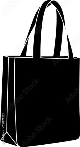 Tote bag silhouette. This image showcases a black silhouette of a tote bag, also known as a reusable shopping bag, highlighting its practicality and style. Vector clipart illustration design