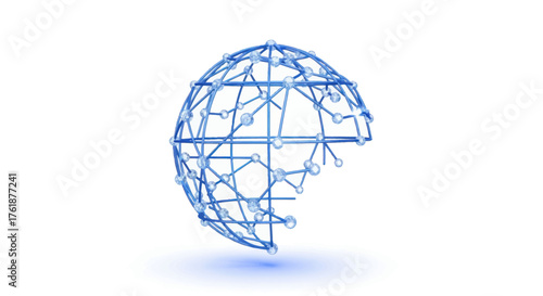 Abstract blue digital network globe with interconnected lines and nodes.