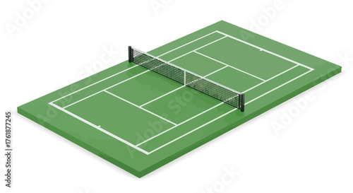 Isometric View of a Green Tennis Court with Net and White Lines.
