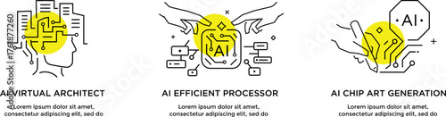 Set of illustrations concept with businessmen. technology, partnership, artificial intelligence business robot, cybes. linear illustration Icons infographics. Landing page site print poster. Line