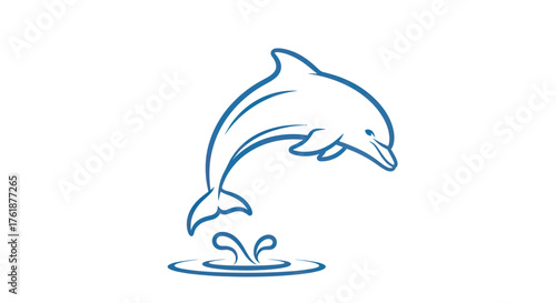 Blue Line Art Dolphin Jumping Out of Water Illustration.
