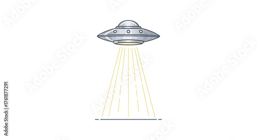 Cartoon Illustration of a Silver UFO with Light Beams.