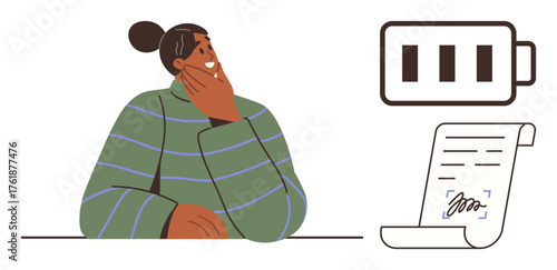 Person thinking deeply while resting chin on hand. Low battery icon and signed document nearby. Ideal for productivity, decision-making, work-life balance, overthinking, focus, energy, commitment