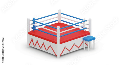 Professional Boxing Ring with Red Mat and Blue Ropes.