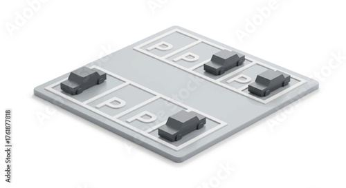 Miniature isometric parking lot with four cars and P markings.