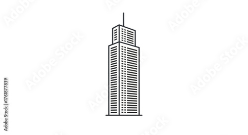 Modern Skyscraper Line Art Illustration with Many Windows and Spire.
