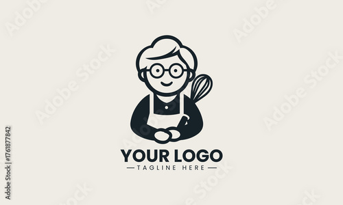 Warm and friendly grandma character holding bread and rolling pin vector bakery logo illustration design 