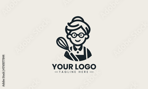 Warm and friendly grandma character holding bread and rolling pin vector bakery logo illustration design 