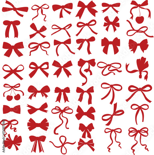 Bow ribbon pattern seamless. Vector print with white and red Christmas background. Cute crayon bows. Simple charcoal small trendy ribbon for Birthday, Christmas, Halloween. Basic doodle knot pattern	