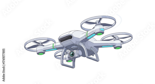 Modern Silver Drone with Four Propellers and Integrated Camera.