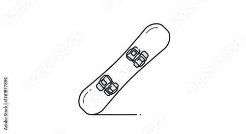 A minimalist line drawing of a snowboard with bindings.