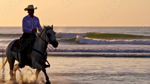 Cowboy Riding Horse on Beach at Sunset