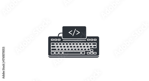 Black Computer Keyboard with Code Symbol Screen Icon.