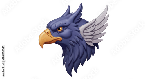 Majestic Purple Griffin Head with Golden Beak and Feathered Wings.