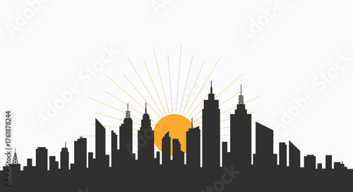 Silhouette of a modern city skyline at sunrise with tall skyscrapers.