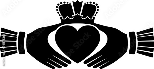 Claddagh silhouette. This image features the Irish Claddagh symbol, a heart held by two hands topped with a crown, symbolizing love, loyalty, and friendship. Vector clipart illustration design