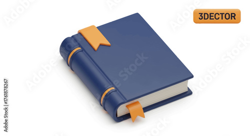 Closed Blue Hardcover Book with Orange Ribbon Bookmark.