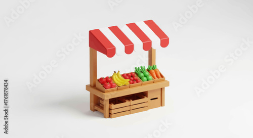 Miniature Wooden Market Stall Displaying Fresh Fruits and Vegetables.