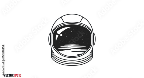 Detailed illustration of an astronaut helmet reflecting a starry night sky and water.