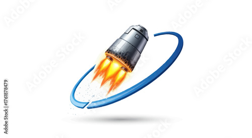 Rocket Launching Through a Blue Ring Igniting Flames for Rapid Acceleration.