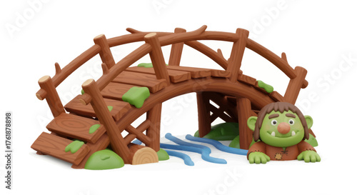 Wooden Bridge with Troll Figure and Decorative Water.