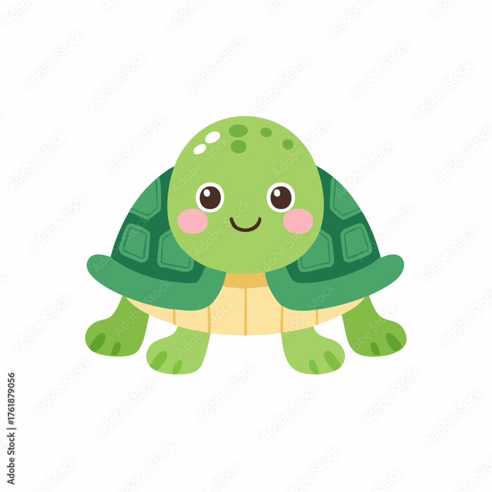 Fototapeta premium Charming little green turtle with a friendly smile. A cute cartoon reptile mascot for children's designs, isolated vector graphic