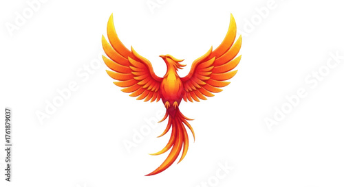 Majestic Fiery Phoenix Bird with Wings Spread Wide in Flight.