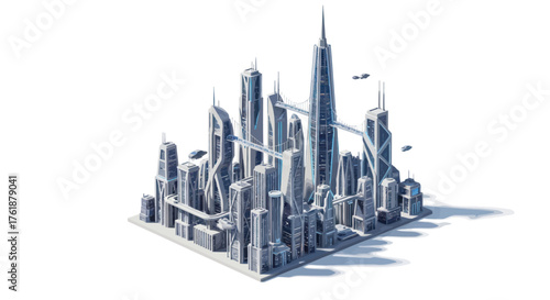 Futuristic Cityscape with Sleek Skyscrapers and Elevated Transport.