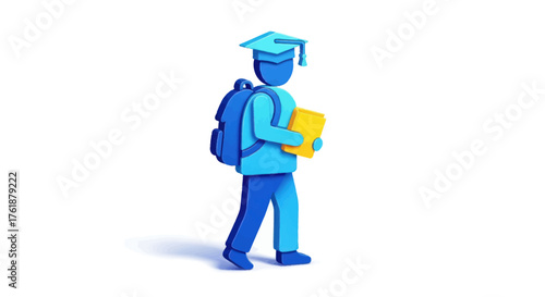 Blue Student Figure with Backpack and Graduation Cap Holding Books.