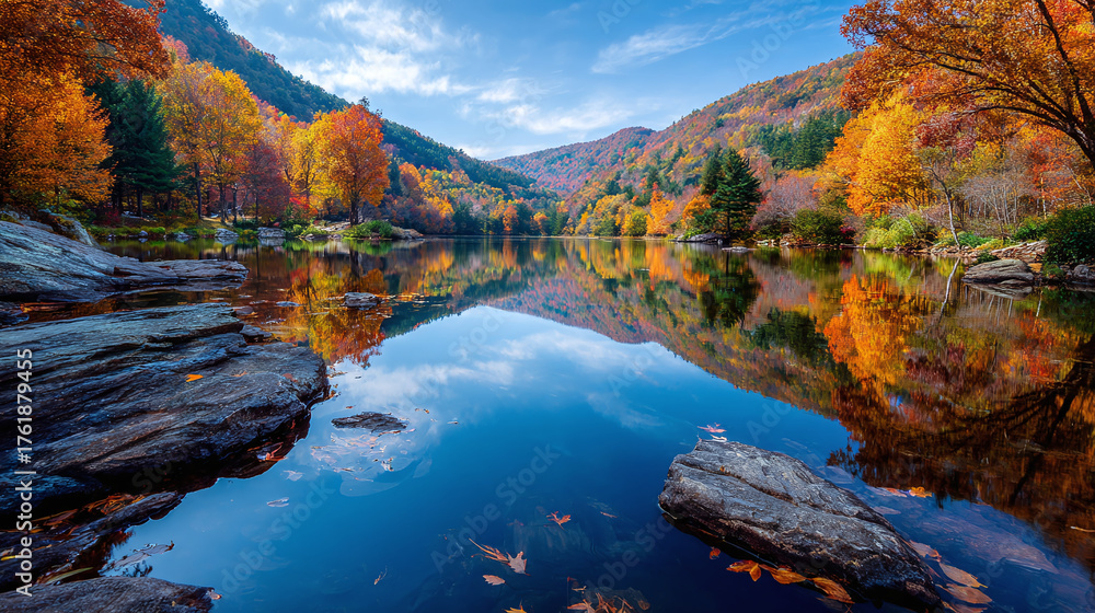 Fototapeta premium A reflective lake mirrors vibrant fall foliage, creating a serene and colorful landscape, with rock formations in the foreground enhancing its beauty.