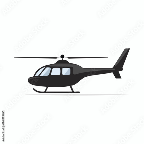Side view of a modern black helicopter with rotor blades and landing skids. Flat design aircraft vector graphic for aviation themes
