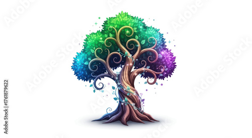 Vibrant Whimsical Tree of Life with Swirling Branches and Rainbow Foliage.