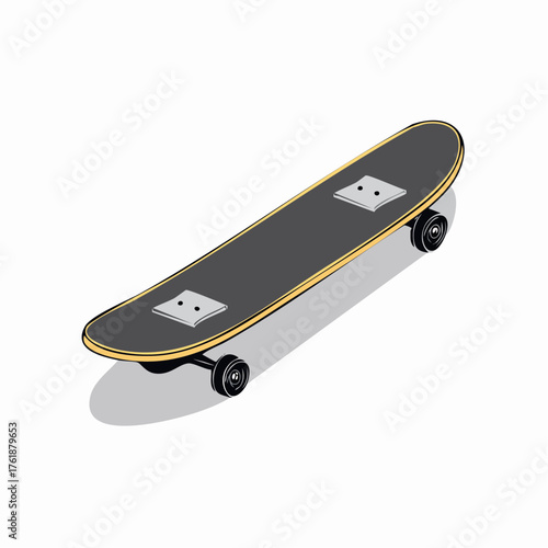 Isometric illustration of a black skateboard with yellow accents on a white background, perfect for sports and lifestyle themes