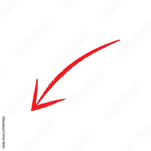 Hand Drawn Red Arrow Pointing Down Left - Sketch Style Doodle Design Element for Discount, Direction, or Trend Graphic