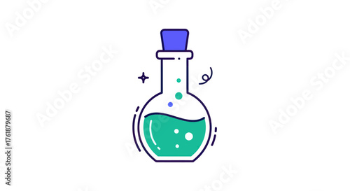 A round glass flask with a blue stopper containing green liquid.