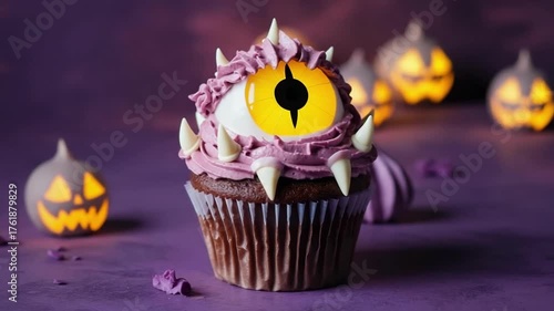 Enjoying a spooky Halloween cupcake with an eye design at a festive gathering