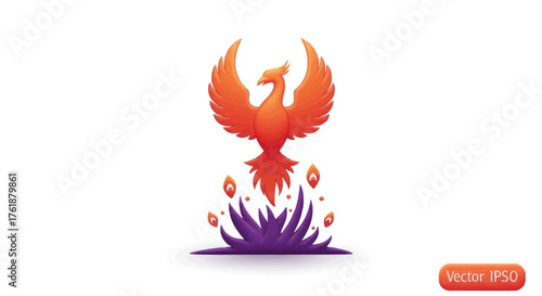 Vibrant Orange Phoenix Rising from Purple Flames Illustration.
